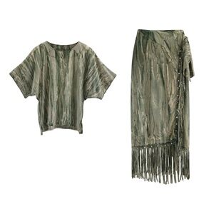 Vintage Risky Olive Tie-Dye Boho Fringe Midi Skirt Set M
